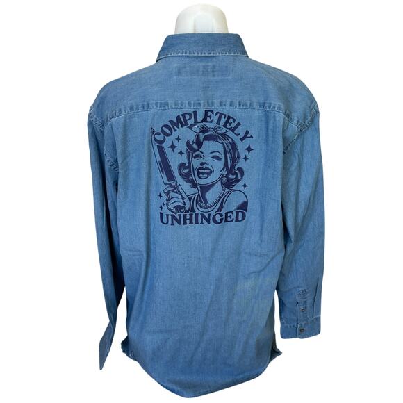 Retro Housewife Unhinged Chambray Button Down Shirt MEDIUM Oversized Unique - Picture 2 of 6